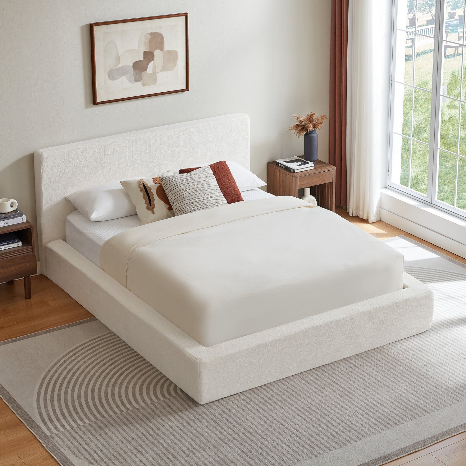 MODFU Bedframe - Gestoffeerd Hoofdbord - Versterkte Metalen Ondersteuning - Crèmewit - 140x200 Cm Crème wit