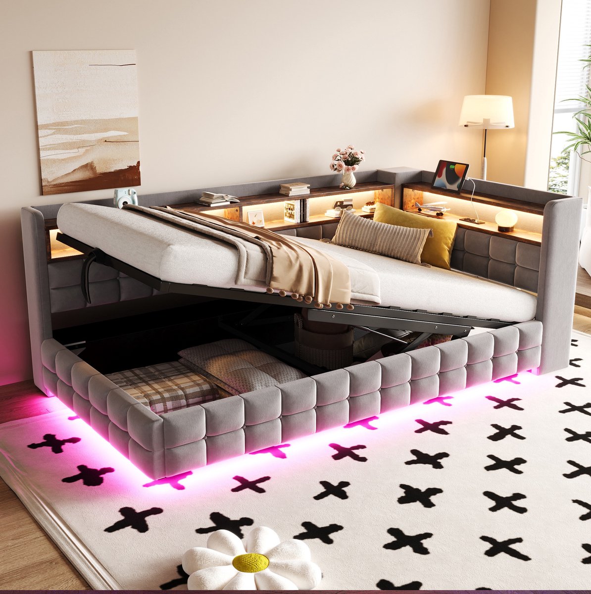 MEUNIQ Slaapbank 90 x 200 cm met hydraulische opbergruimte, LED-verlichting, stopcontact, USB en USB-C, lattenbodem en velours bekleding, lichtgrijs