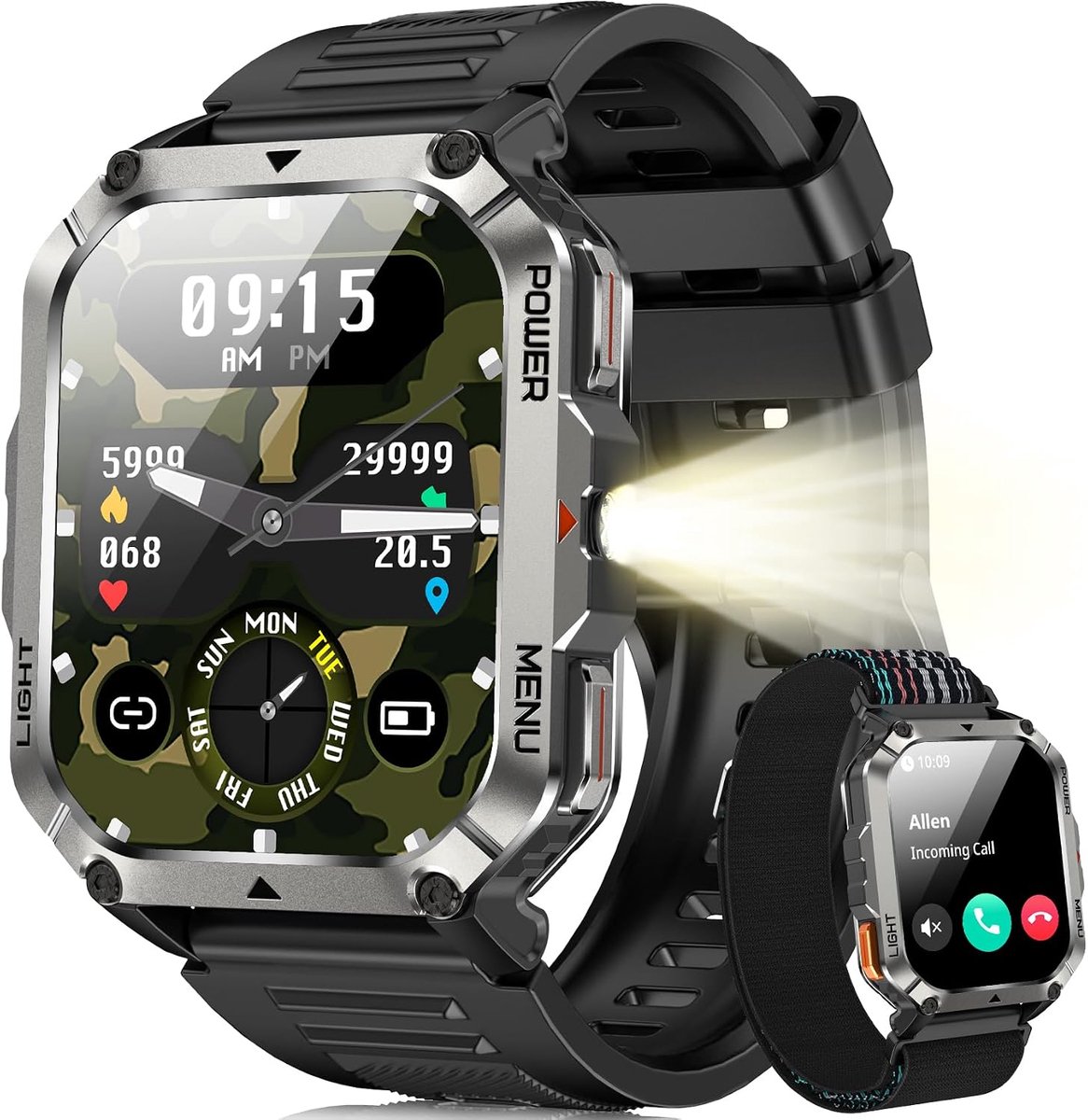 Robuuste smartwatch voor heren met militaire uitstraling – kompas – 100 sportmodi – Bluetooth-belfunctie/meldingen – hartslagmeter – saturatiemeter en slaap-/activiteitenmonitor – Zwart
