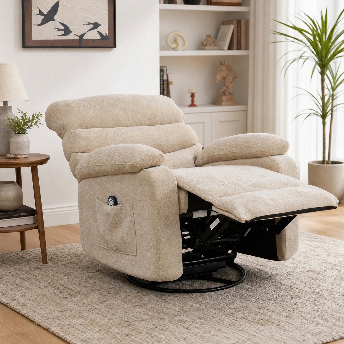 MEUNIQ 360° draaibare elektrische massagestoel met warmtefunctie, manueel verstelbare rugleuning en voetensteun, zijvak, licht kaki Light Khaki