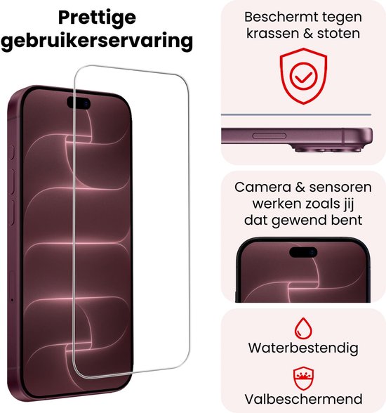 Paarse iPhone 18 Pro met screenprotector. Beschermt tegen krassen, stoten, is waterbestendig en valbeschermend.