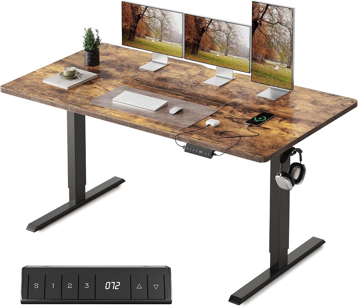 FEZIBO In hoogte verstelbaar bureau met USB-A- en USB-C-oplaadpoorten, 140 x 70 cm sta-zit-tafel, elektrisch in hoogte verstelbaar bureau, ergonomisch computerbureau voor thuiskantoor, bruin