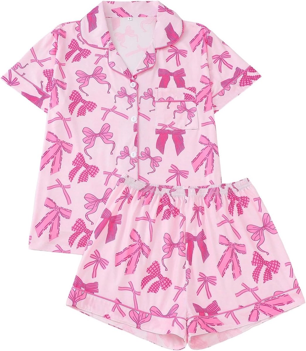 Pyjama met korte mouwen en strikkraag, zachte slaapshorts