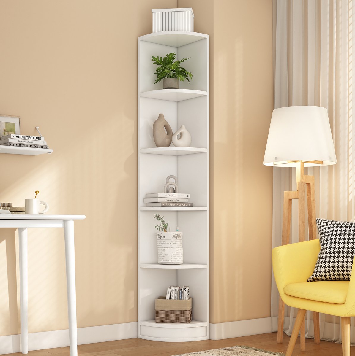 MEUNIQ Hoekboekenkast 42 x 30 x 180 cm met 5 open legplanken - witte staande boekenkast voor boeken en decoratie in woon- of werkkamer