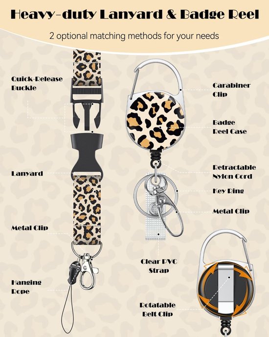 Stijlvolle Badgehouder met Retractable Reel, Carabiner Clip en Afneembare Lanyard - Oranje Luipaardprint voor Kaartbescherming — afbeelding 3