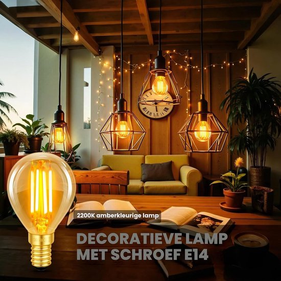Set van 2 E14 LED Vintage Lampen, 4W Filament Vervangt 40W Gloeilamp, Warm Wit 2200K, Amber Glas, 400 Lumen, Golfbal P45/G45, Niet Dimbaar, Nostalgische Verlichting voor Thuis, Café en Bar — afbeelding 3