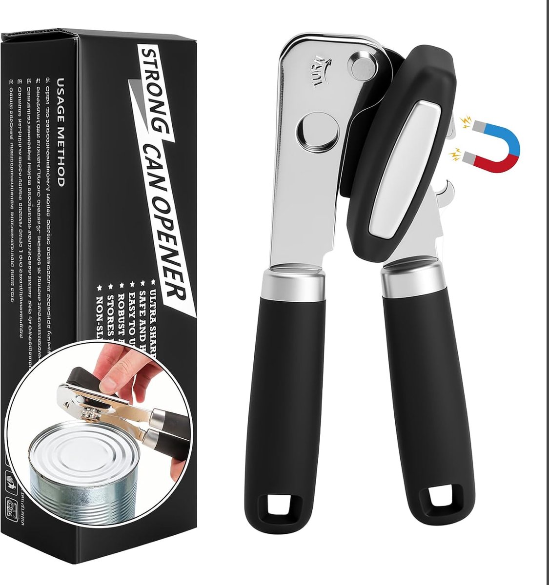 handmatige professionele blikopener van roestvrij staal, handmatig, multifunctioneel, robuust, professioneel, 3-in-1 blikopener en dekselopener met magneet, ergonomische