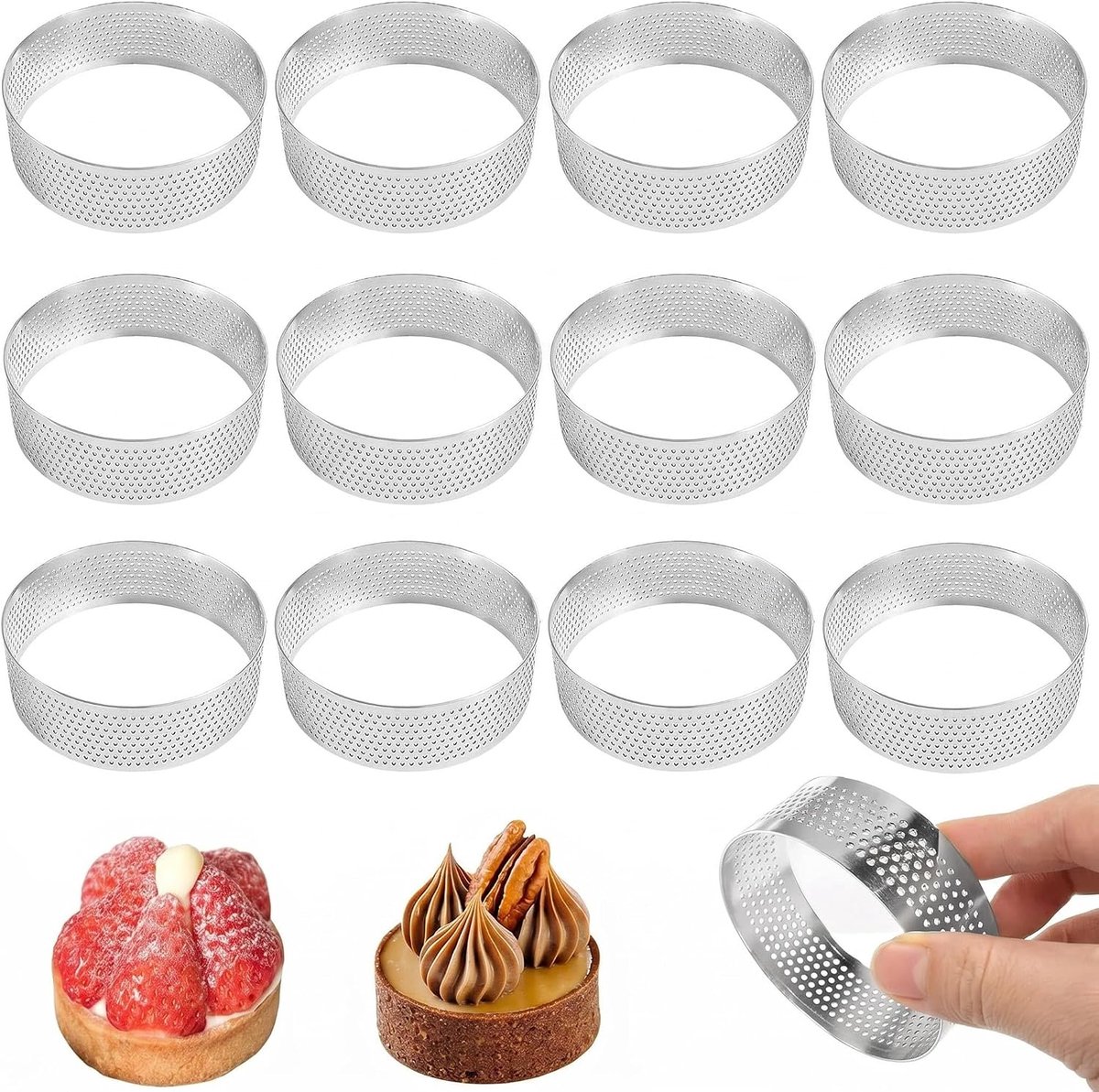 12 stuks 6 cm 430 bakcirkel, taartvorm, taartaccessoires, roestvrij staal, voor quiches, taarten van schuim, rond, pizza, muffins, geschikt voor koekjes