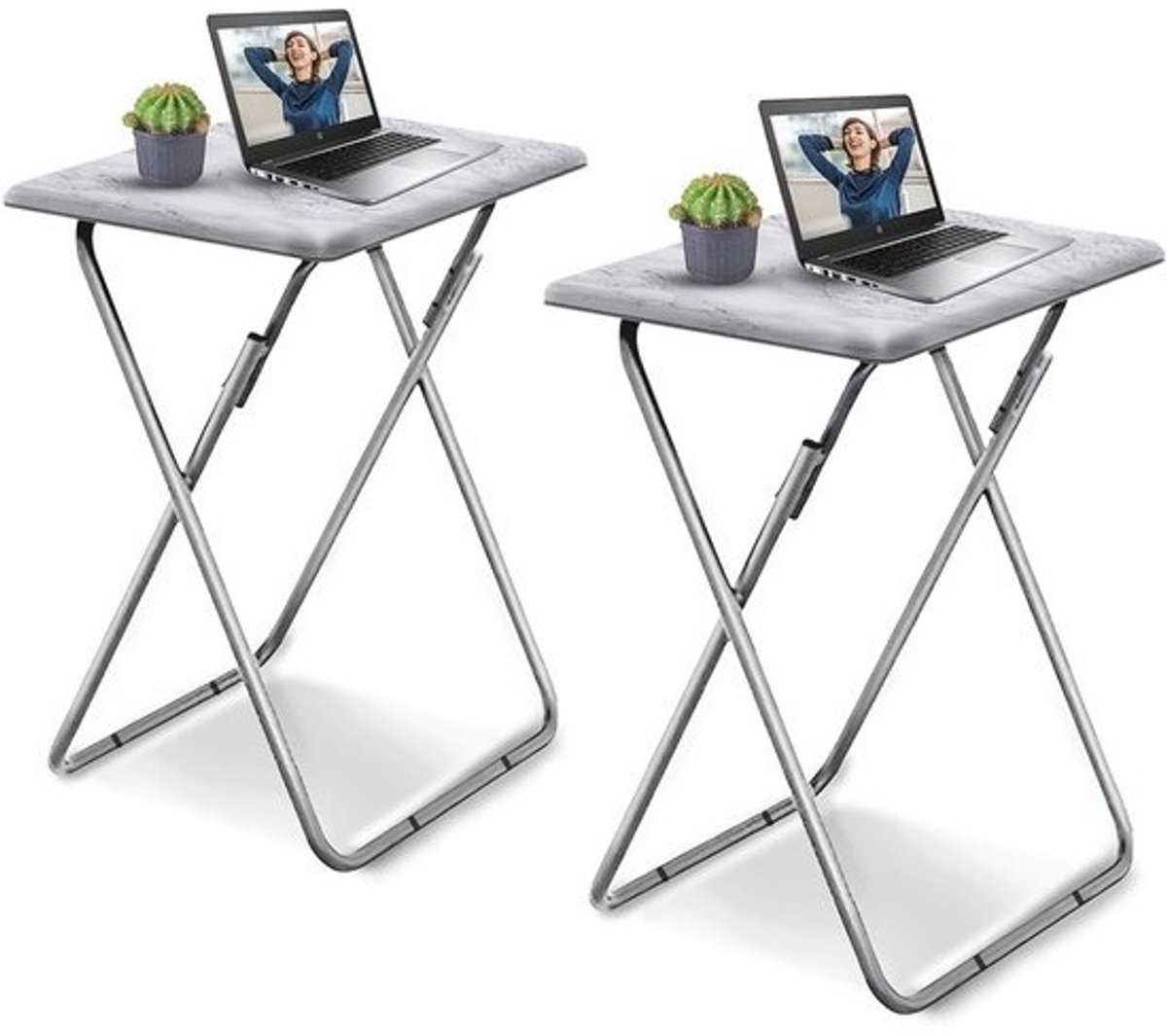 Vouwbijzettafel Set van 2 - Inklapbare Tafel voor Balkon, Tuin en Huiskamer - Wit Marmer - Compact Ontwerp (37 x 47 x 66)