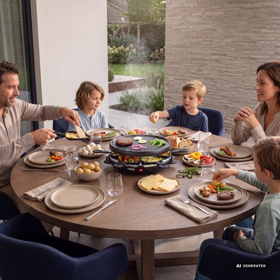 Gezin aan ronde tafel met Princess gourmetstel met vlees, groenten en aardappelen. Zonnige dag.