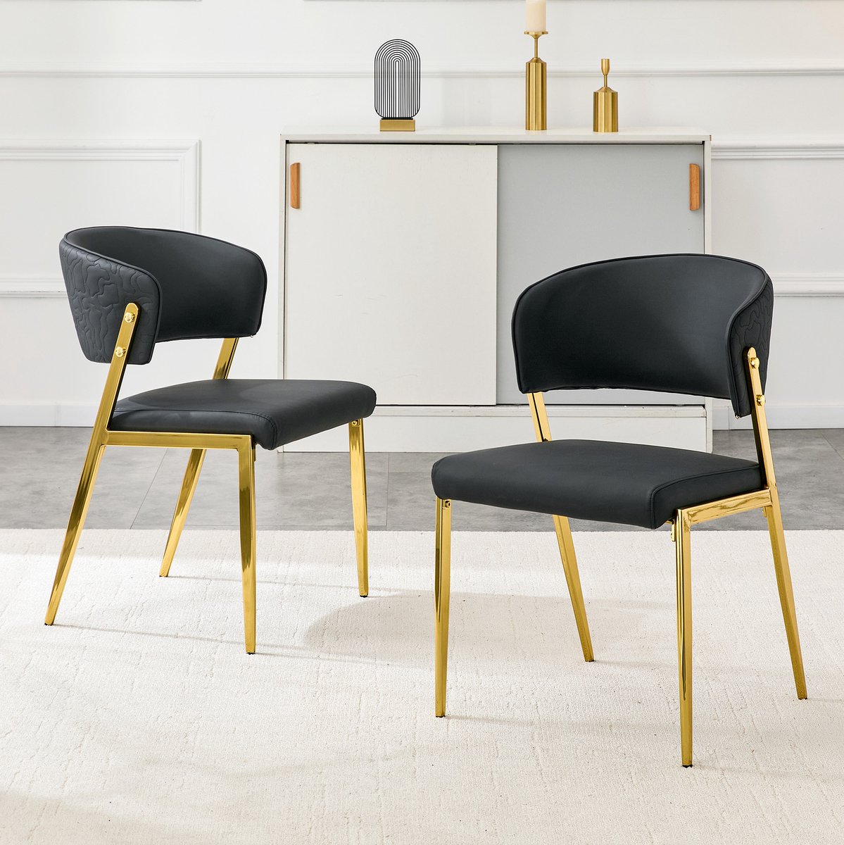 REDOM Eetkamerstoelen set van 2 - Gewatteerde zitting en rugleuning - Met armleuningen - Metalen onderstel - Kunstleer - Zwart - 51 x 49 x 78 cm