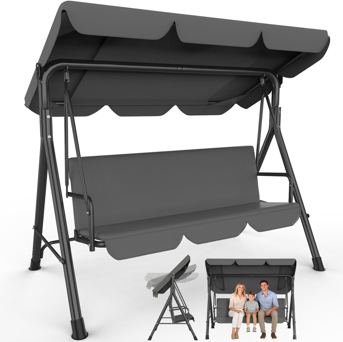 Arvioo Schommelbank 3-persoons-Antraciet-verstelbaar dak-max 200kg-tuin schommelstoel