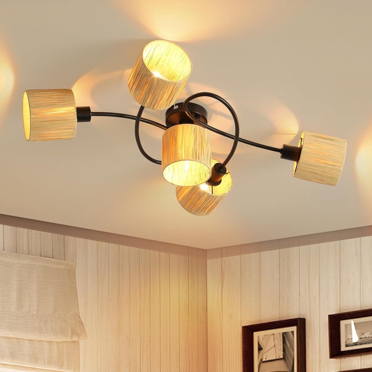 5-vlammig, natuur vintage design plafondlamp, E14, voor