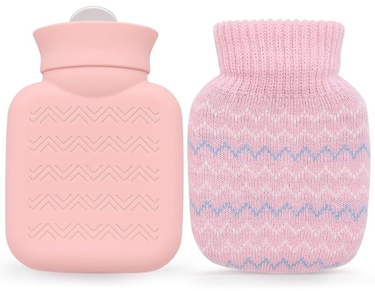Warmwaterkruik van 320 ml met gebreide hoes, mini-warmwaterkruik, compact en lekvrij, met afneembare hoes, Geschikt voor vrouwen en kinderen, het beste cadeau.