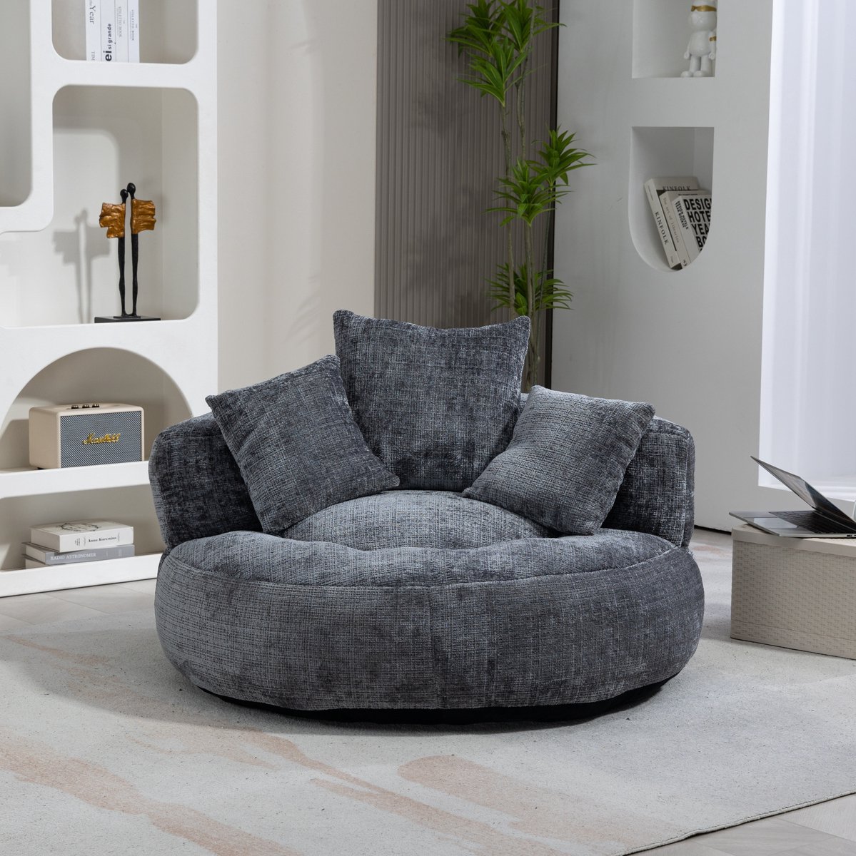MEUNIQ grijze chenille zitzak loungestoel 108 x 108 x 52 cm met hoge rugleuning, armleuningen en 3 kussens voor binnen en buiten