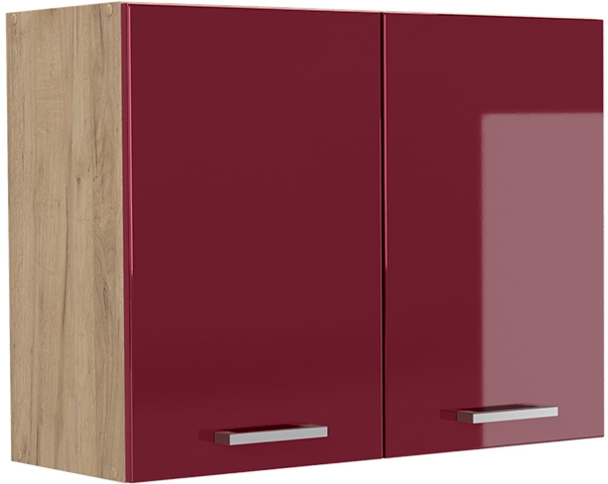 Vicco Glazen keukenkast R-Line, Rode hoogglans/Goudkleurig Eiken, 80 cm