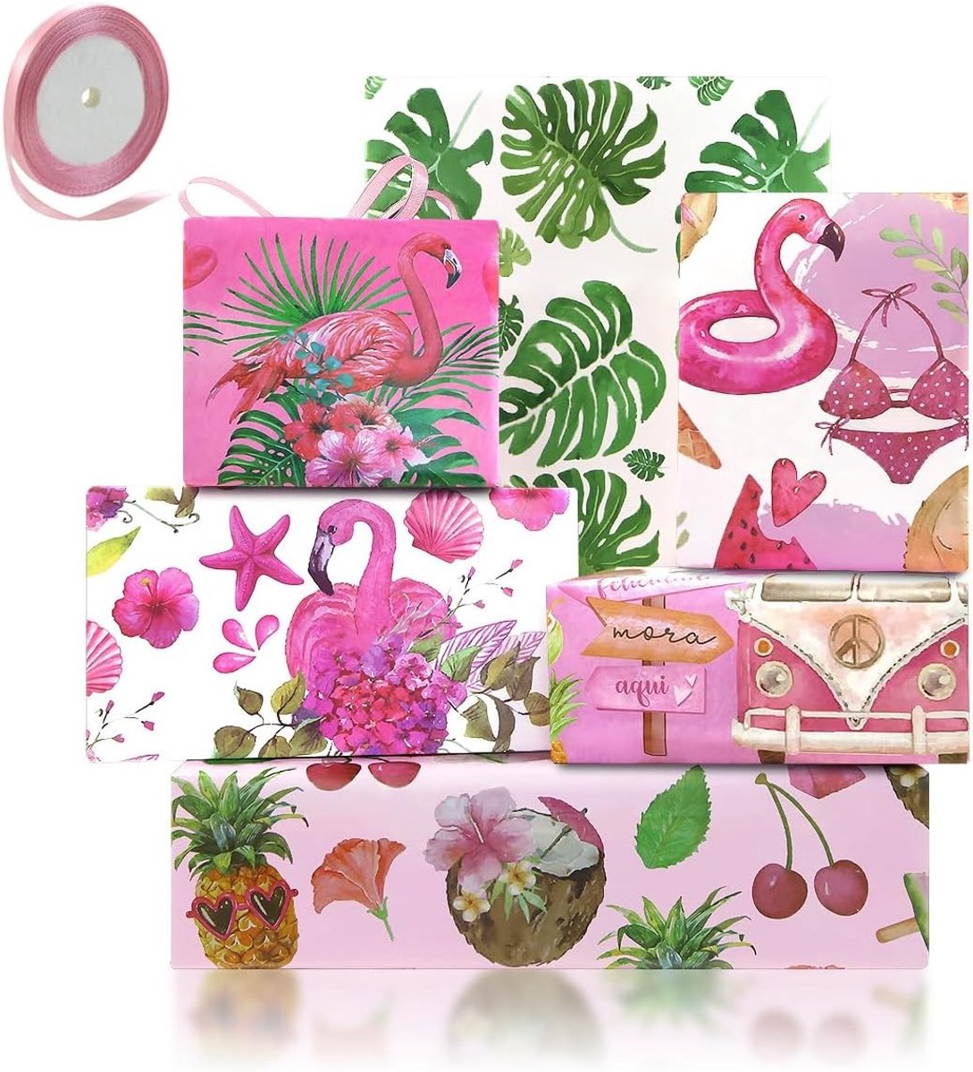 Kraft Inpakpapier met Roze Flamingo's en Hawaii Monstera, Tropisch Ontwerp voor Feesten, Verjaardagen en Aloha Party, 6 Vellen met Roze Lint