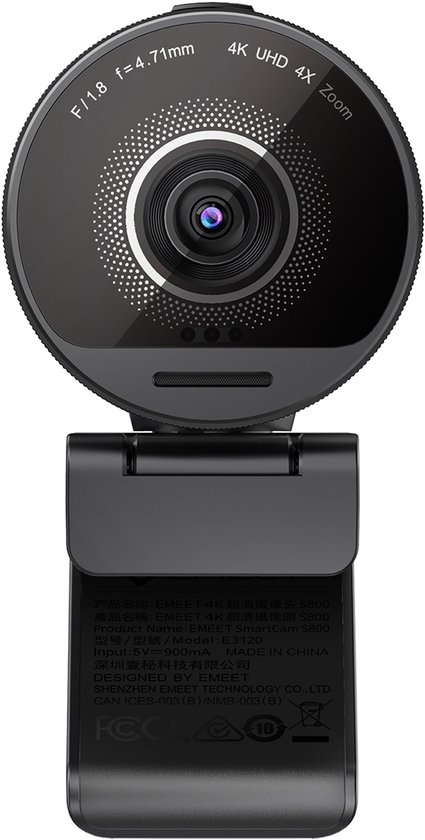 Détail de l'objectif de la webcam noire eMeet SmartCam S800 4K UHD.