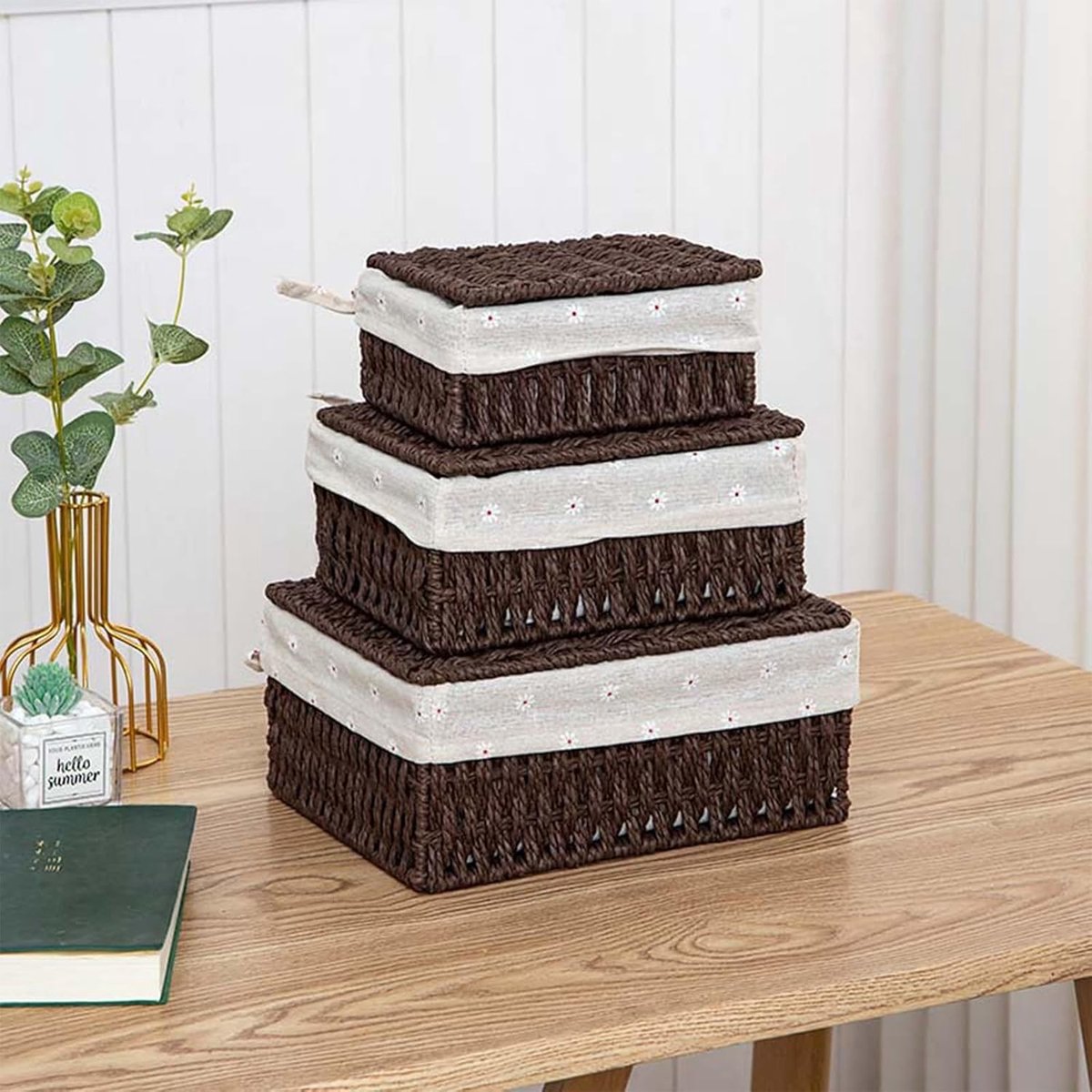 Set van 3 Handgeweven Opbergmanden met Deksel, Duurzaam Papier Touw, Bohemian Design voor Slaapkamer, Badkamer en Speelgoedopslag (Bruin)