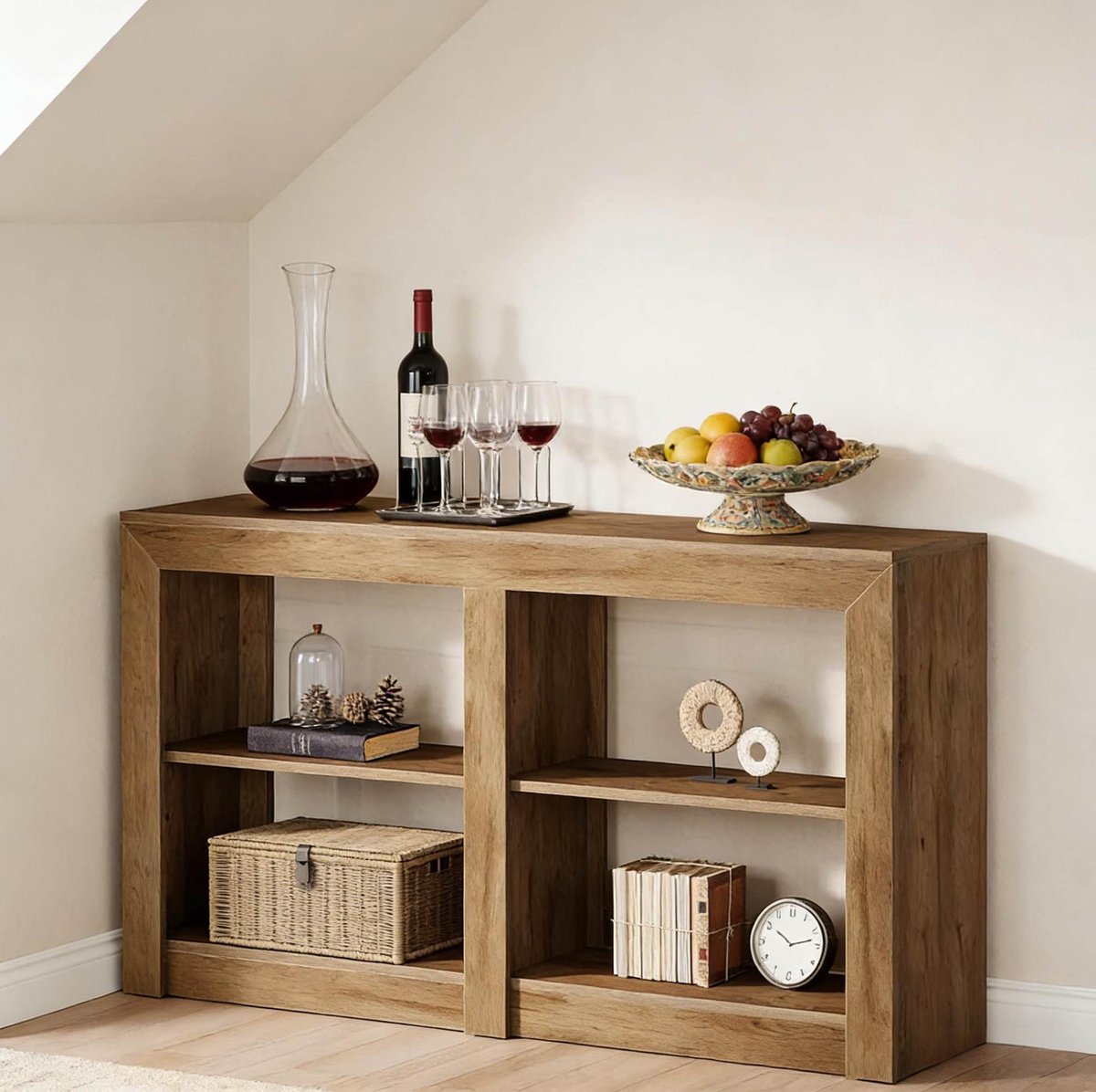 MEUNIQ Rechthoekige sidetable 150 x 35 x 85 cm met drie open niveaus en vier vakken, consoletafel voor hal, gang of woonkamer, bruin