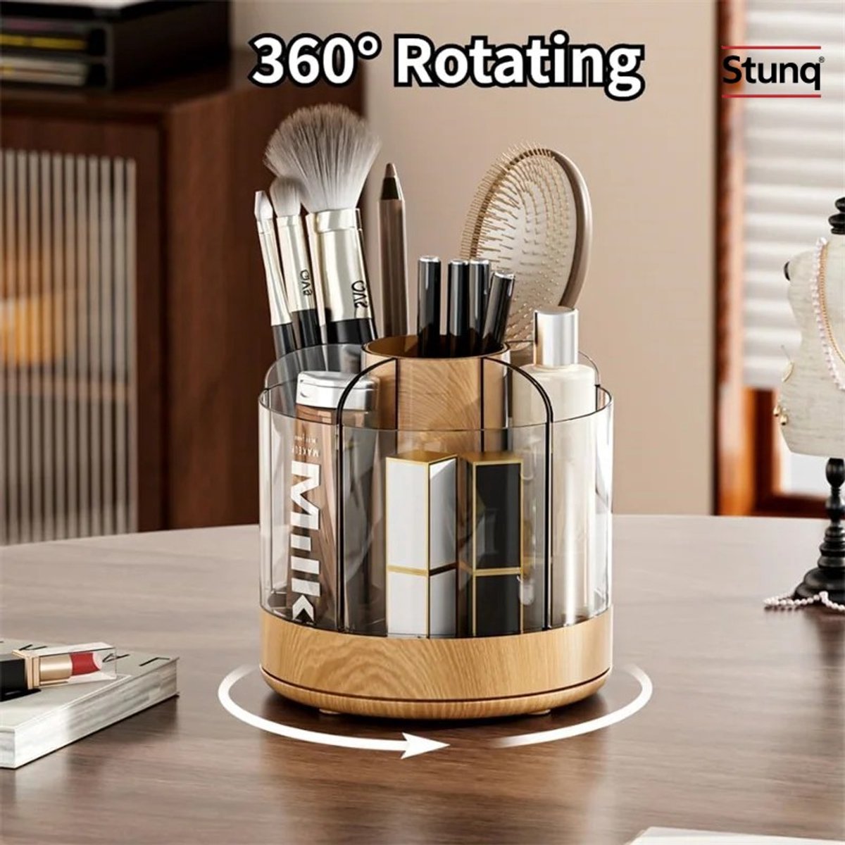 Stunq® 360° roterende make-up organizer met 6 vakken – acryl en houtnerf basis