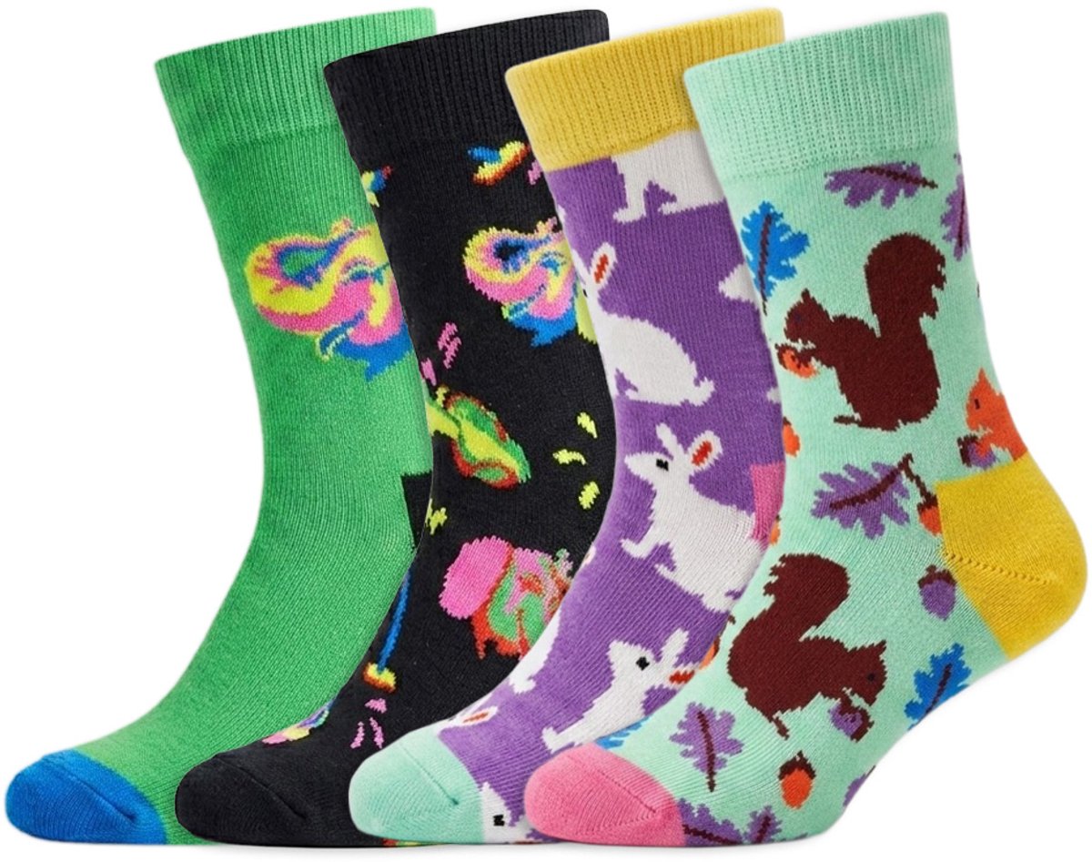 4 Paar – Happy Socks – Kinderen – 4 Tot 6 Jaar - Thema Dieren – Katoen – Diverse Kleuren