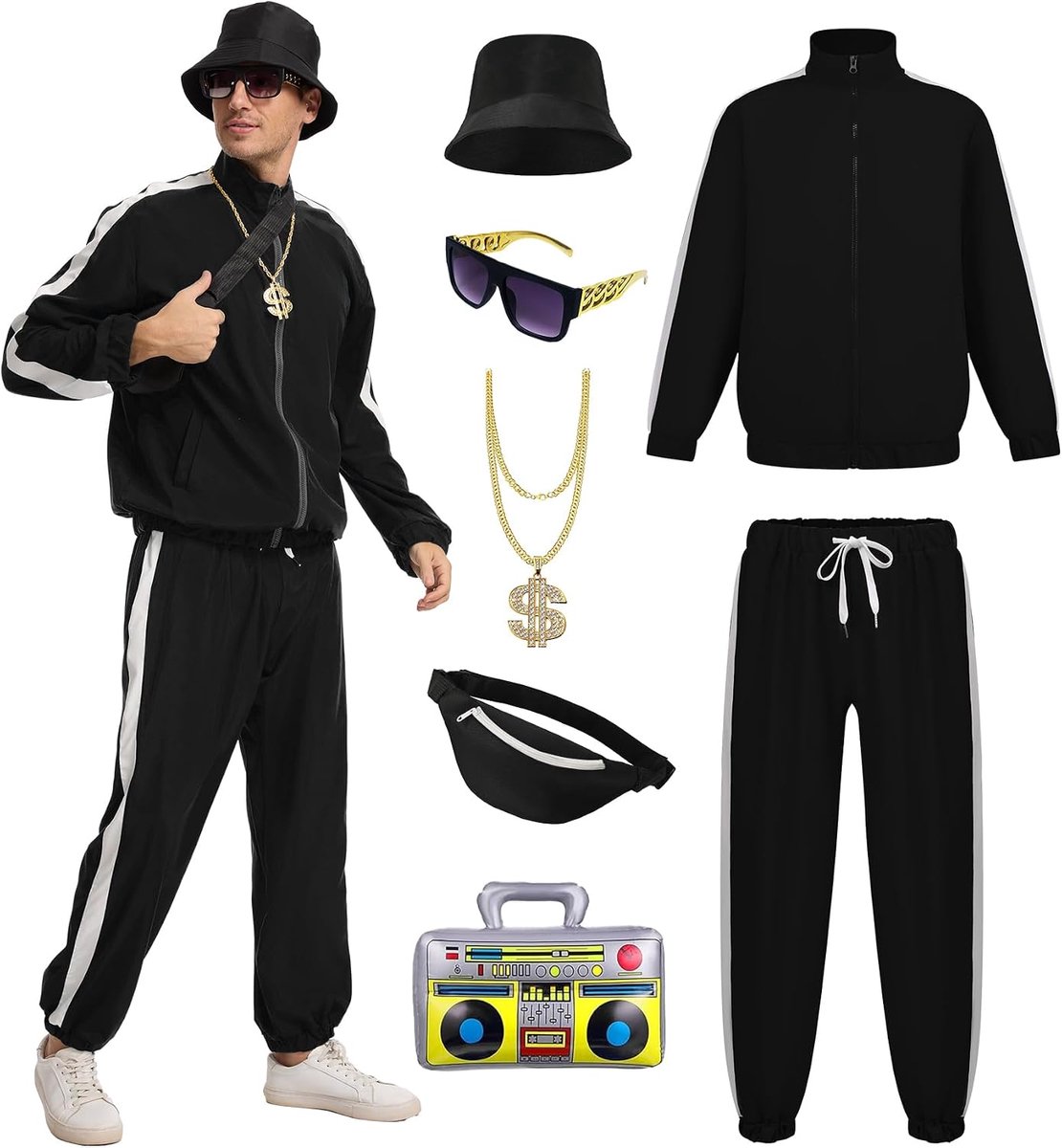 80 outfit voor heren, jaren 90 trainingspak met hiphopkostuum, accessoireset voor Halloween-themafeest