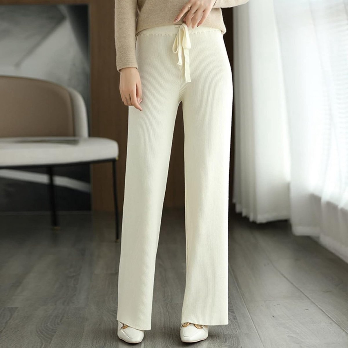 Kasjmierbroek - Herfst Winter Damesbroek Met Rechte Pijpen Modieus Streep Gebreid Veters Warm Wit Hoge Taille Dweilbroek Casual Dames Kerstmis Nieuwjaar Geschenk,White,S