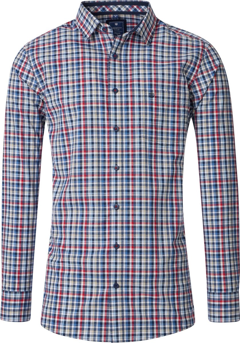Redmond comfort fit overhemd - dobby - blauw - wit - rood - beige geruit