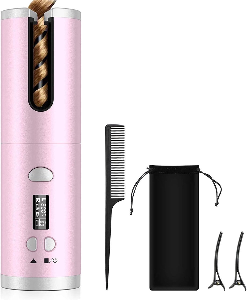 Auto Curler, USB-oplaadbare draadloze automatische krullentang Haarstyling Tools met LCD-scherm, Professionele snelle verwarming keramische vat,Pink
