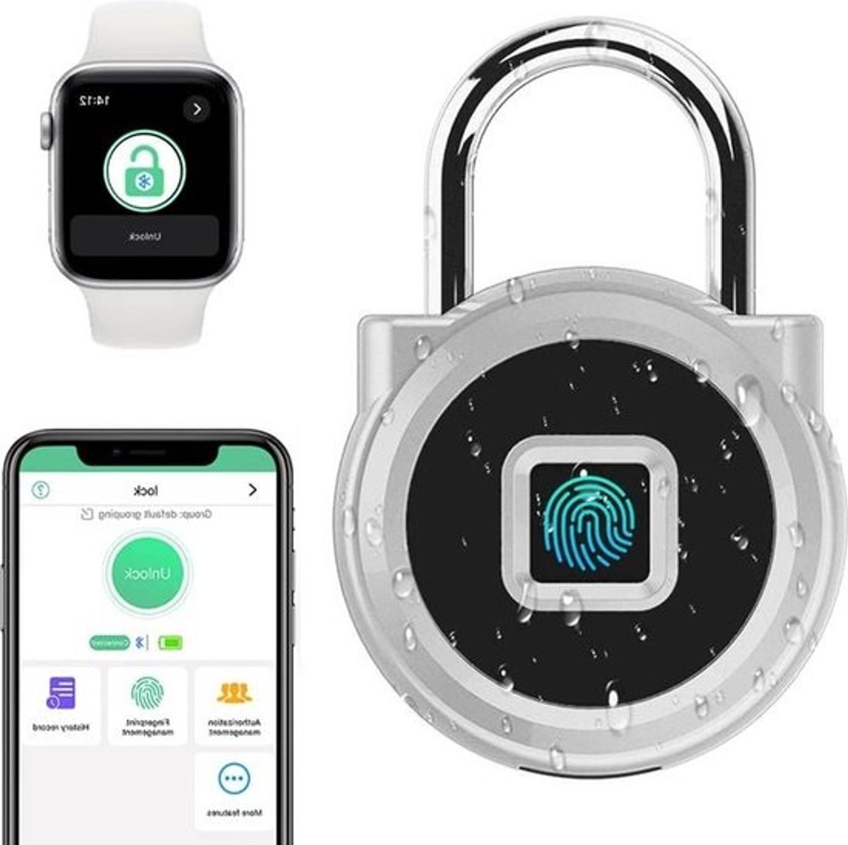 Hangslot Vingerafdruk of App Unlock via Telefoon - iOS Watch Ontgrendel - Record Schedule - Waterdicht Beveiliging - Keyless Smart Lock voor Gym Locker Rugzak Reisbagage Zilver