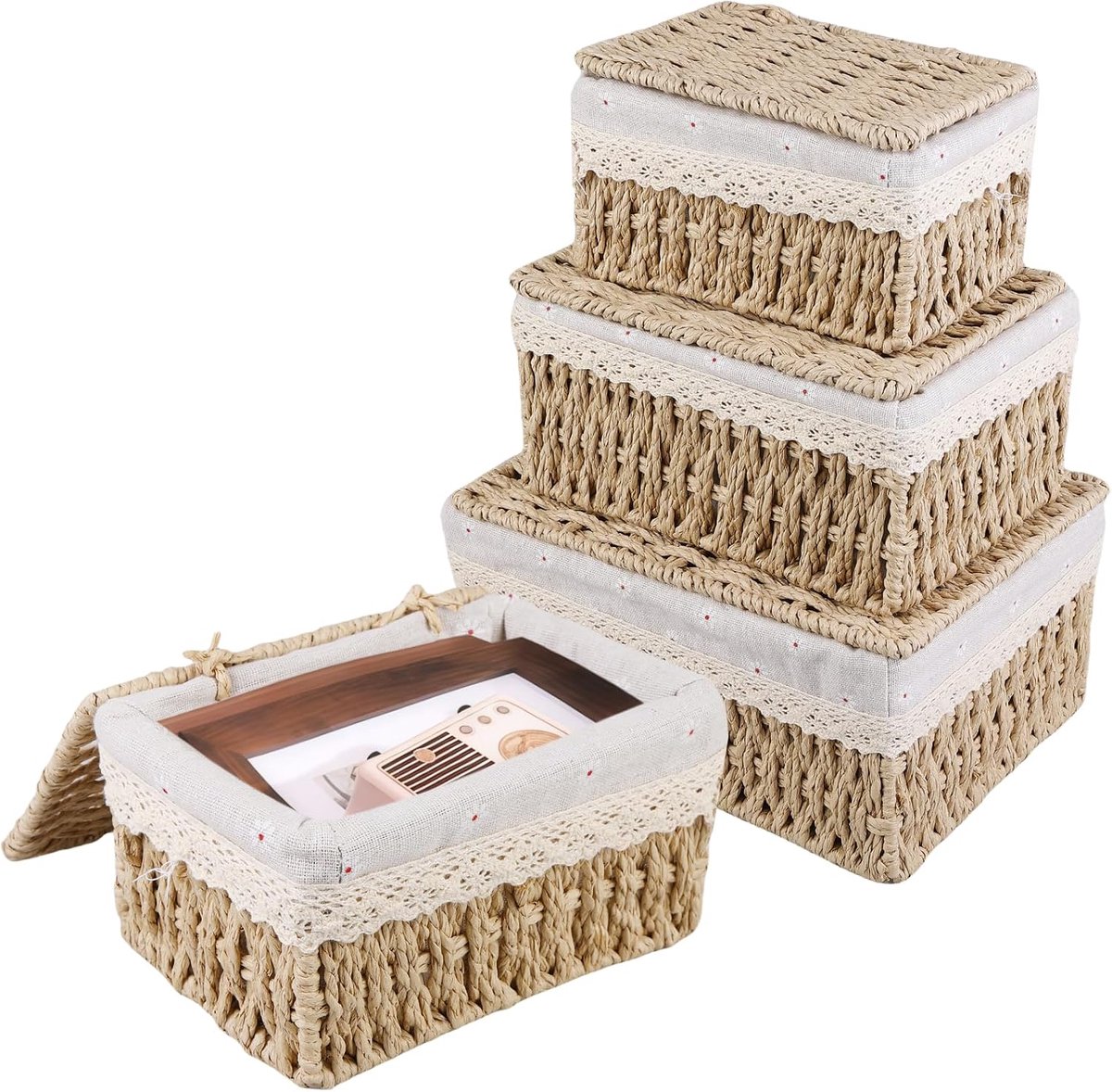Opbergmand met deksel: 3 stuks gevlochten manden, gevlochten papieren touw mand Boho decor met voering voor kinderkamer, keuken, opbergmanden in de kamer