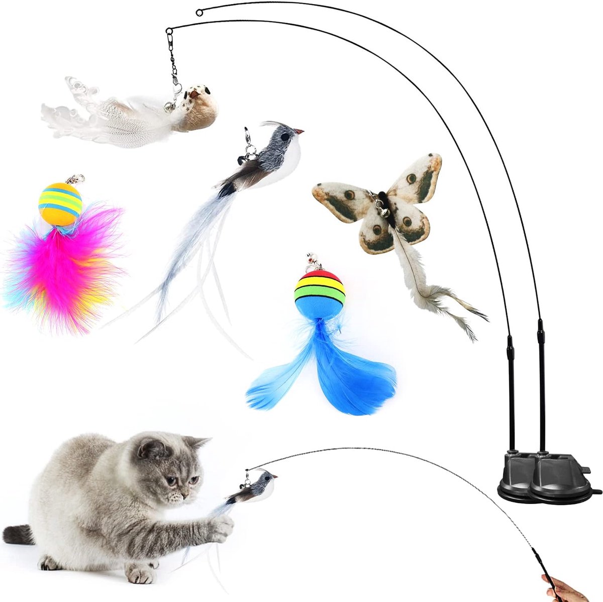 Interactief kattenspeelgoed, kattenspeelgoed, interactief kattenspel met zuignap en veren, hengel, kat, toverstaf met kattenklokken voor het trainen van katten en kittens (B)