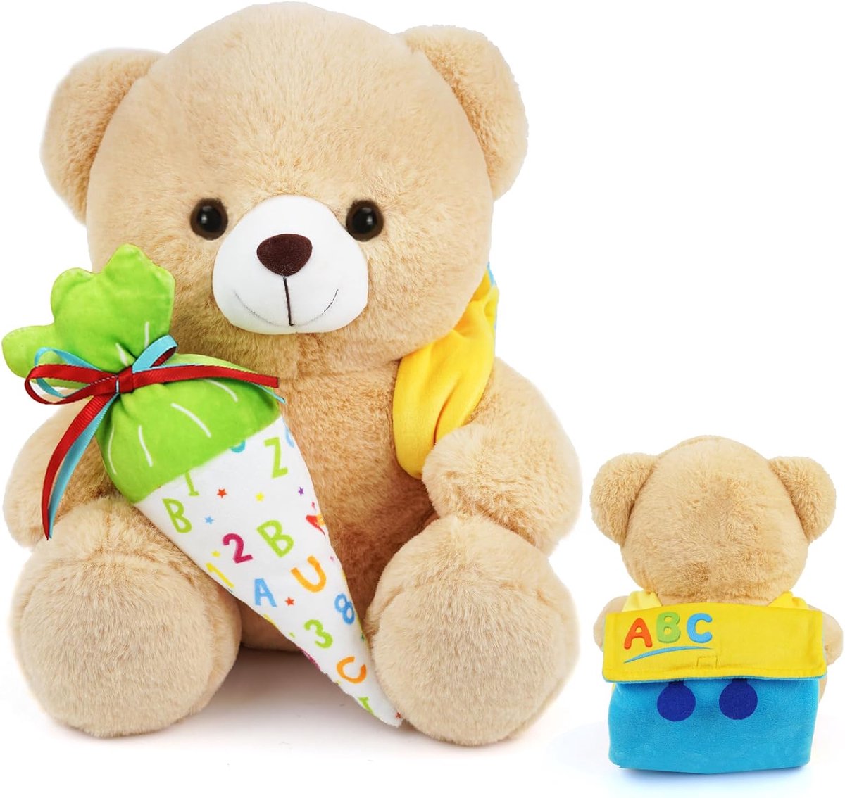 Teddy Knuffeldier met schooltas en snoepzakken om te vullen, teddybeer, knuffeldier, pluche teddy voor de eerste schooldag, voor jongens en meisjes, 28 cm