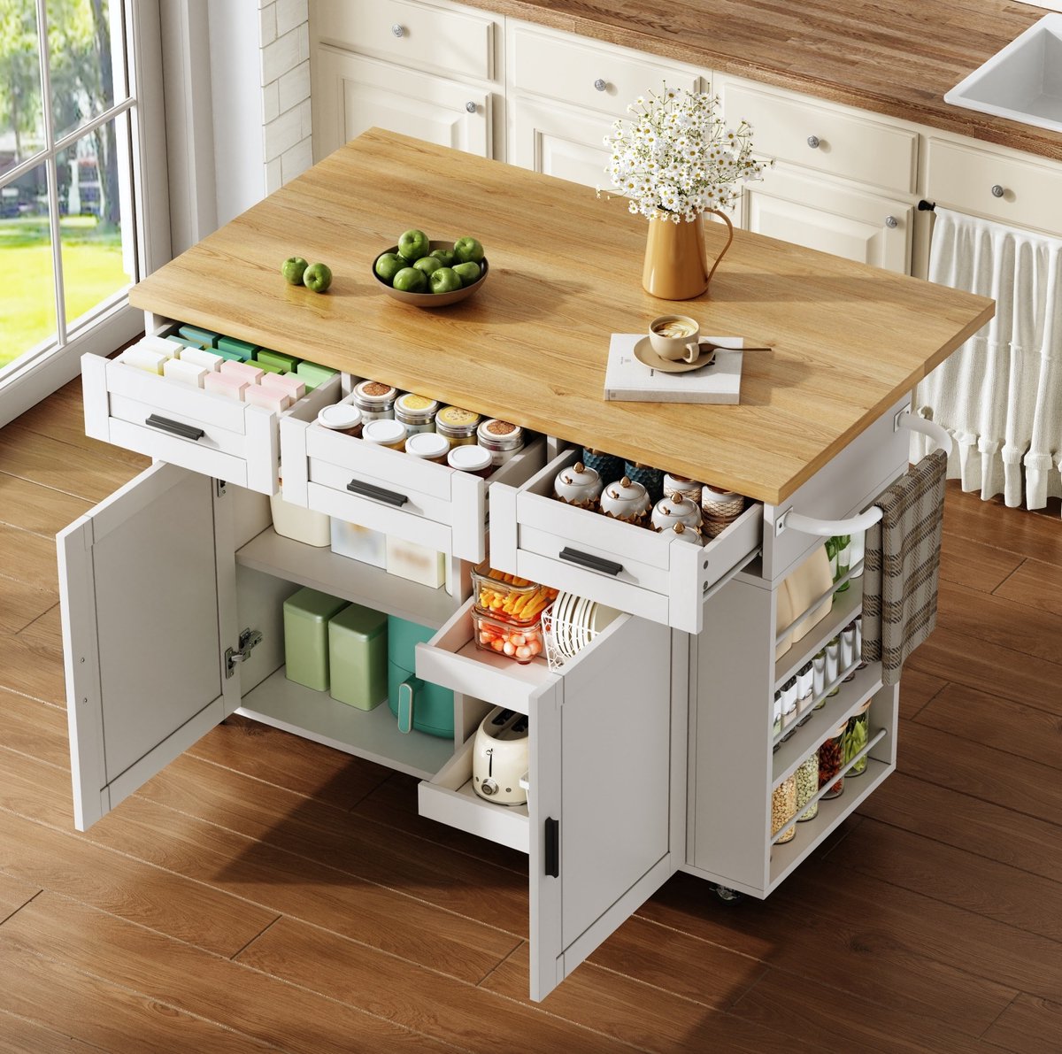 REDOM - Keukeneiland - Klapbaar werkblad - 3 laden en 2 uittrekbare kastorganizers - MDF - Natuurlijk en Wit - 120 x 45 (70) x 84 cm