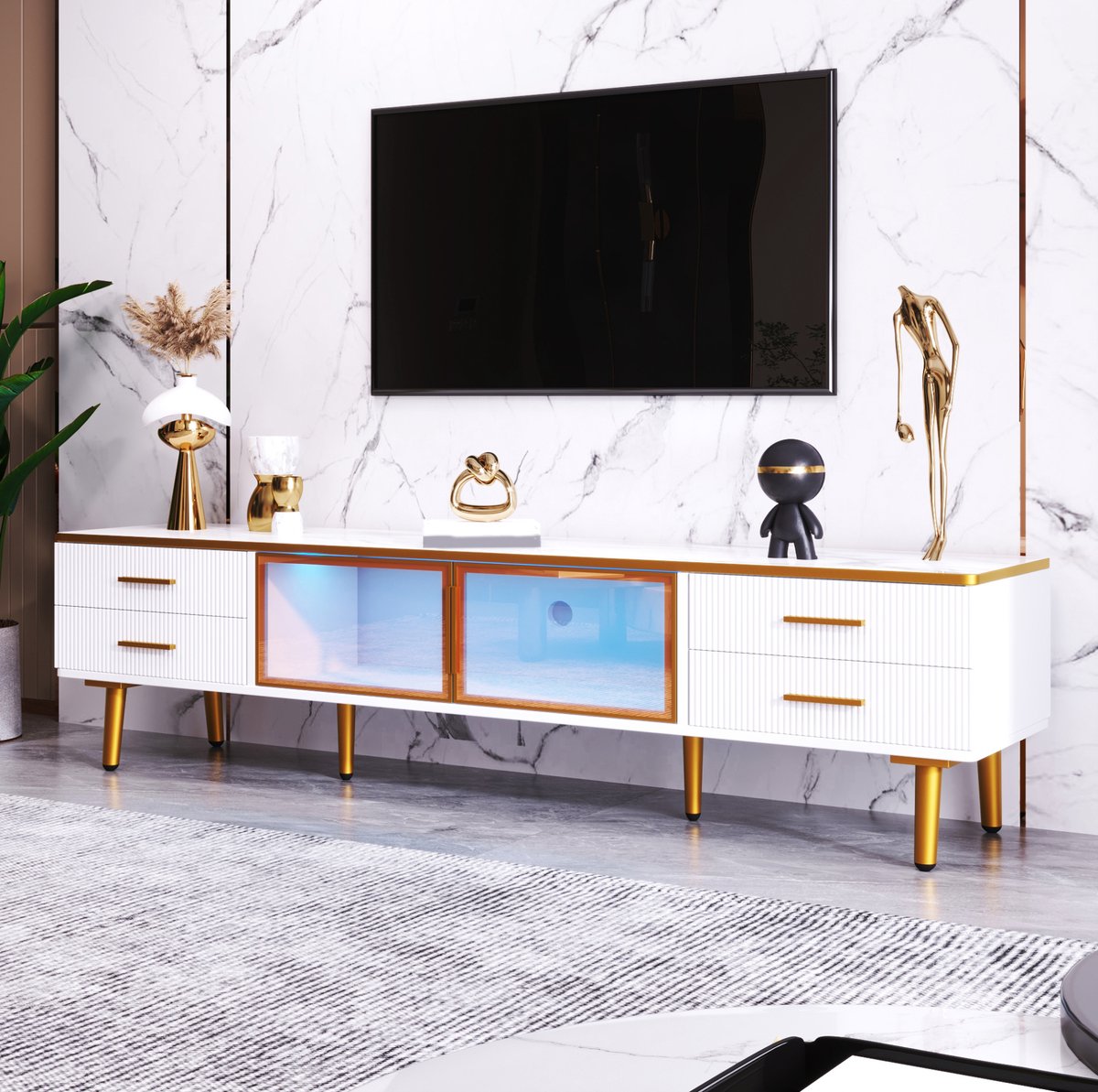 MEUNIQ TV-meubel 170 cm met marmereffect, LED-verlichting via app, 4 lades, 2 bruine deuren van gehard glas en gouden details, wit