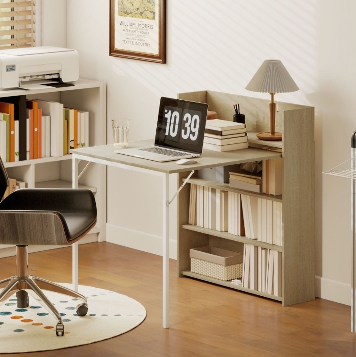 MODFU Klapbare Eettafel Met Drie Opbergrekken - Industrieel - MDF - Eikenkleur