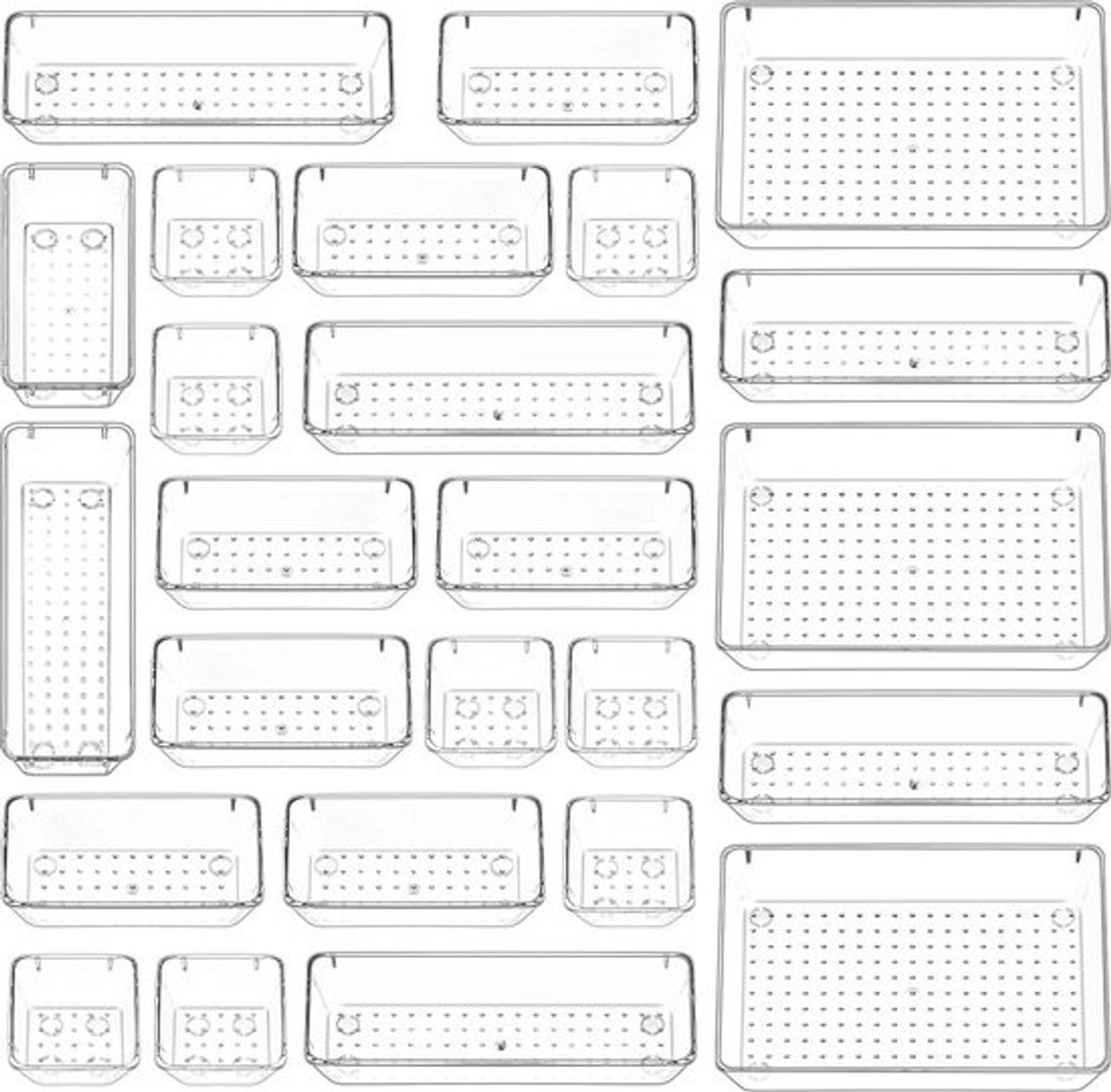 25 stuks doorzichtig lade-organizersysteem, 4 maten plastic opbergdozen, lade-organizer, plastic make-up-organizer voor badkamer, cosmetica, kaptafel, keuken, kantoor, pennenbakjes, transparant