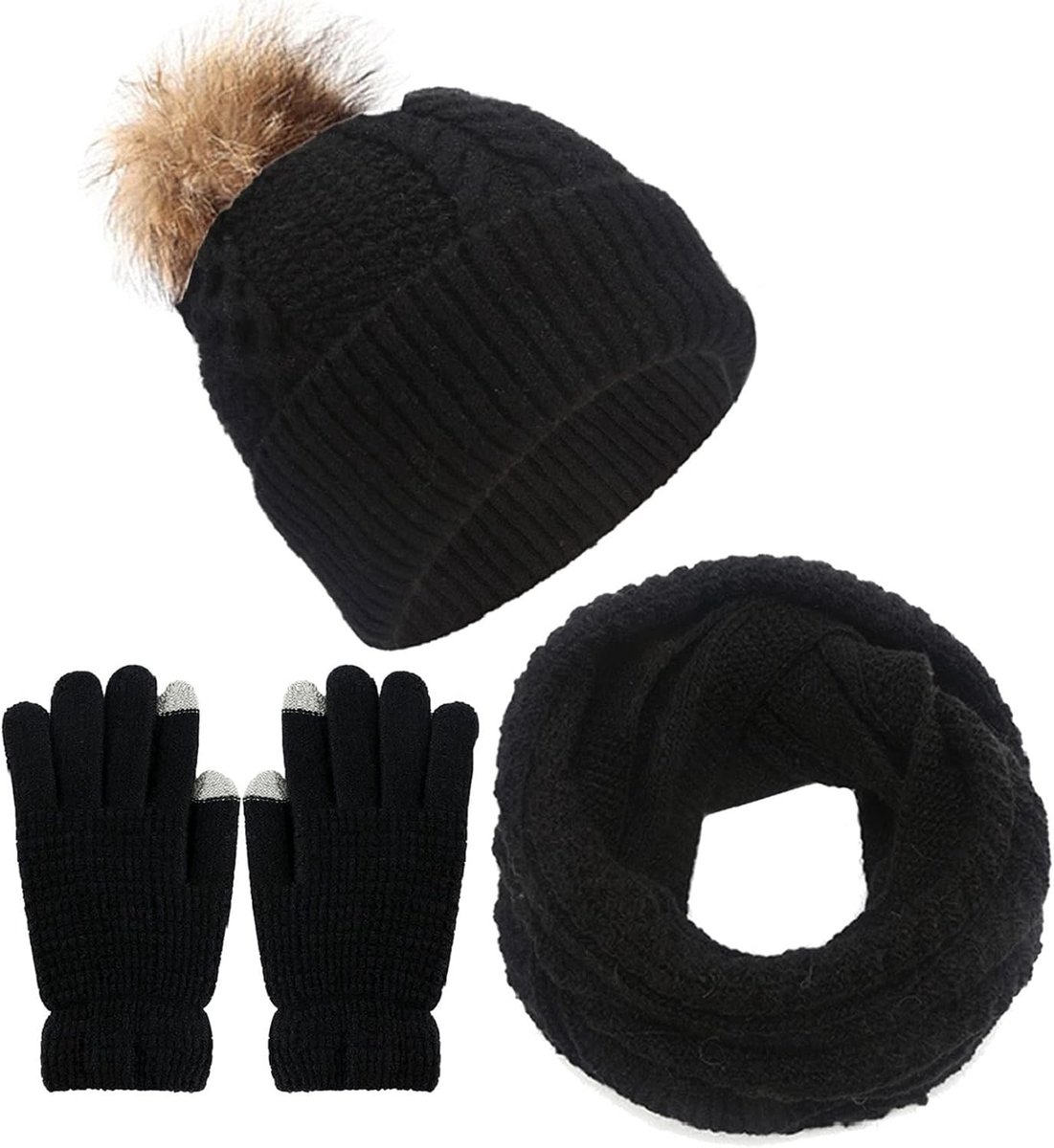 Winterset voor Dames: Gebreide Muts, Sjaal en Handschoenen - Fleece, Pompom en Touchscreen - Zwart, One Size