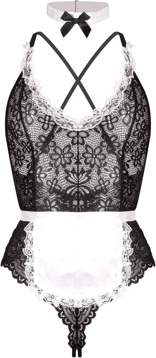Dienstmeisjeskostuum voor dames, 3-delig, Frans kant, body, V-hals, babydoll, ondeugende nachtkleding, transparant, maid, cosplay, lingerie, Halloween-kostuum