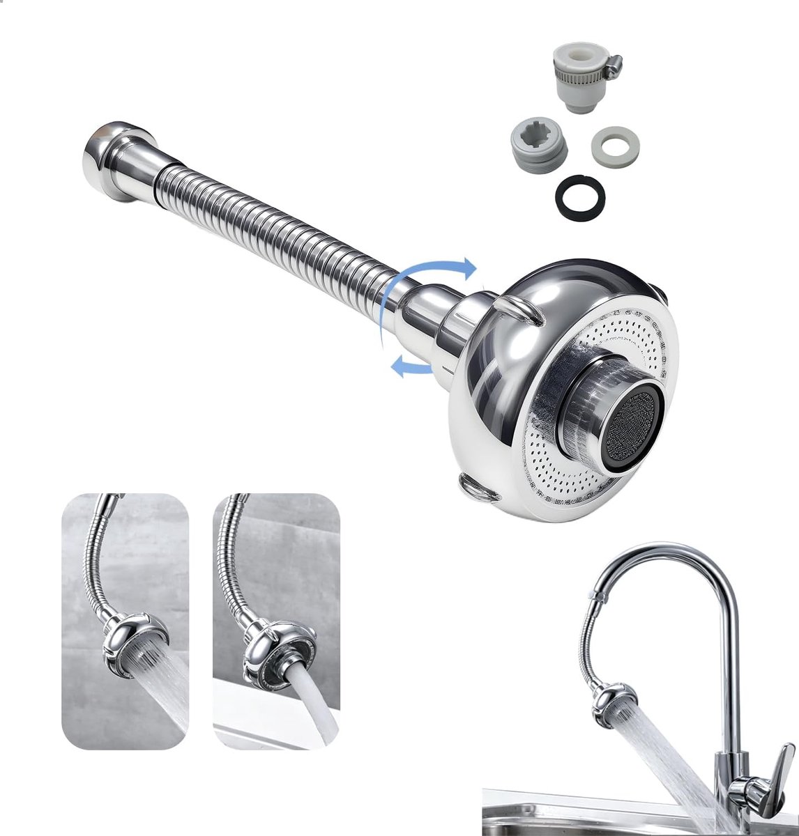 Straalregelaar voor keuken, 360 graden draaibaar, verlenging voor keukenkraan voor wastafel, badkamer, 2 modi, waterbesparende modus, corrosiebestendig, spatwaterdicht, 20 x 6 cm