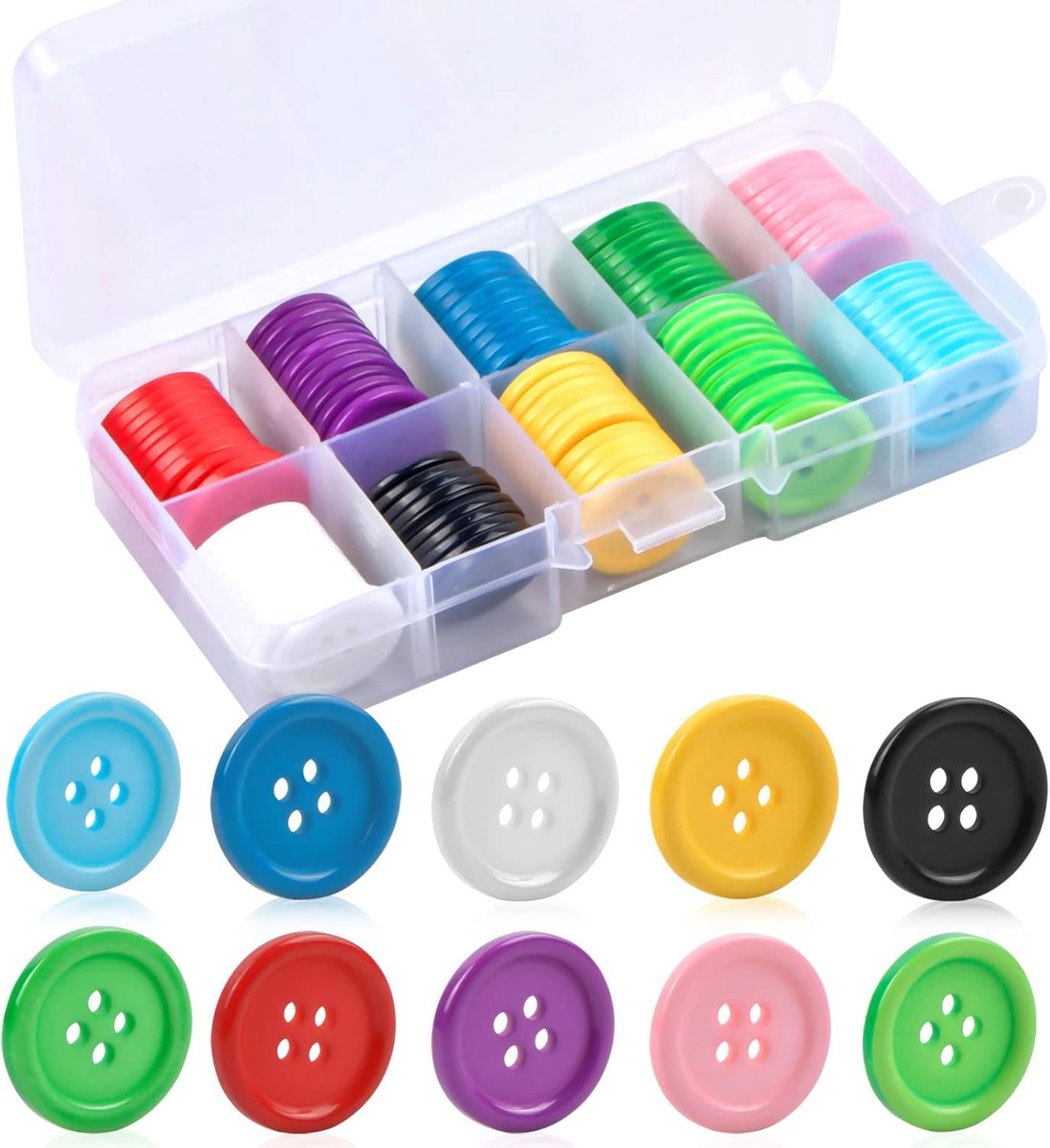 Knopen van hars met 4 gaten en kunststof doos, kinderknopen decoratieve knopen, rond, 20 mm voor naaien, knutselen, decoraties voor kleding en scrapbooking