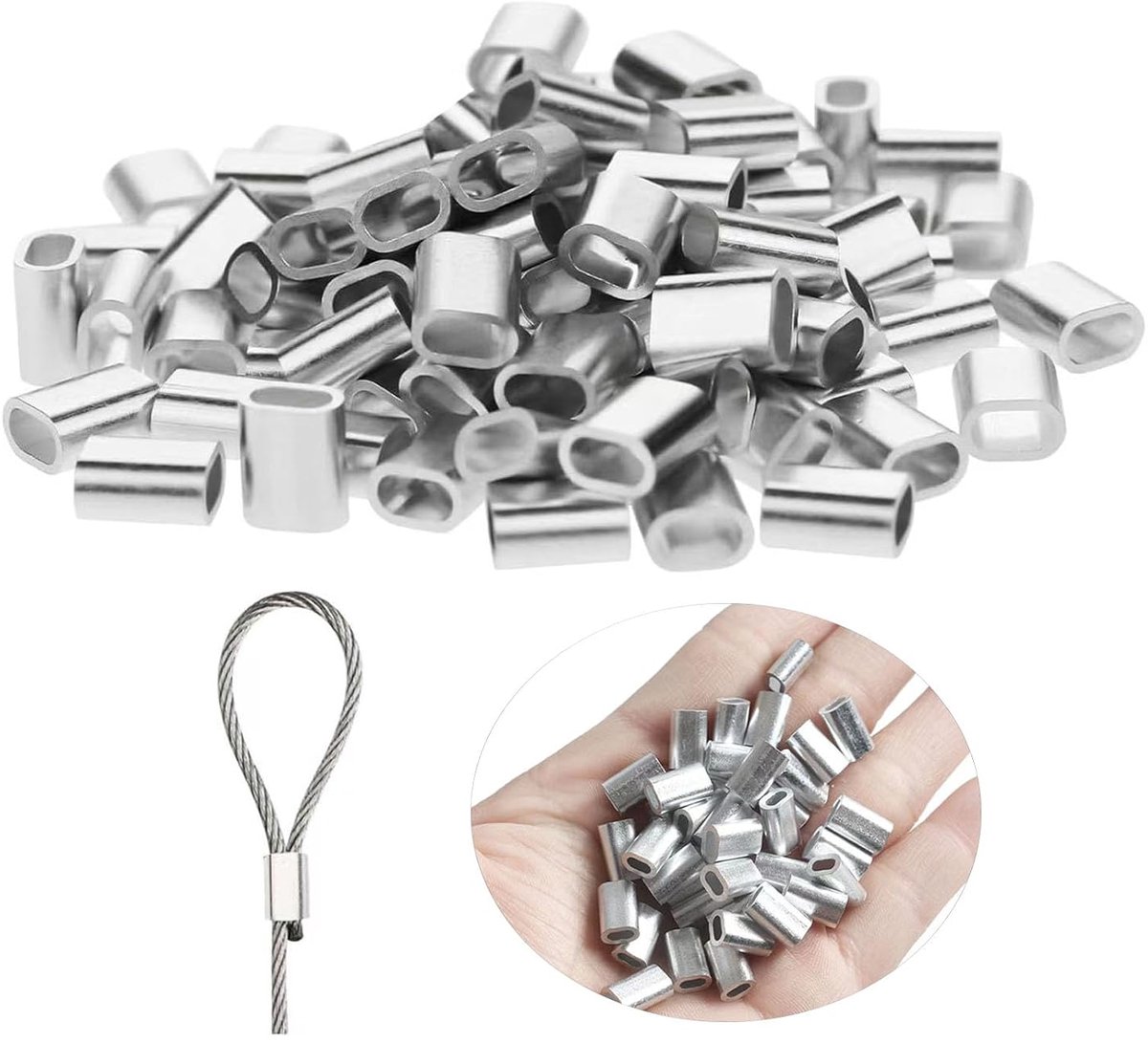 120 stuks aluminium draadkabelklemmen, persklemmen, ovale persklemmen voor verbindingen, roestvrij, veelzijdig inzetbaar voor bouw, robuuste aluminium hulzen voor kabels en kabels, 4 mm