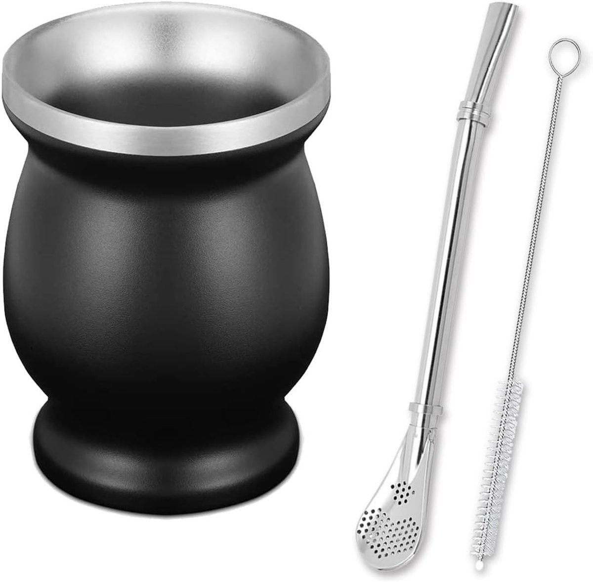 Mate Cup met Rietje en Schoonmaakborstel, Zwart, Ideaal voor Thee, Keuken en Restaurant Gebruik