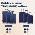 Collectie van TRVLMORE koffers in het donkerblauw, zwart, grijs en lichtroze.