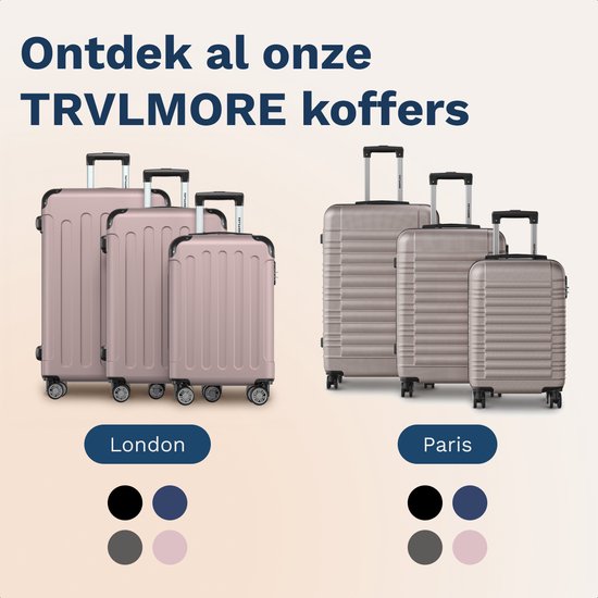 Twee TRVL MORE koffersets met 'London' en 'Paris' in het Engels, met kleurvarianten.