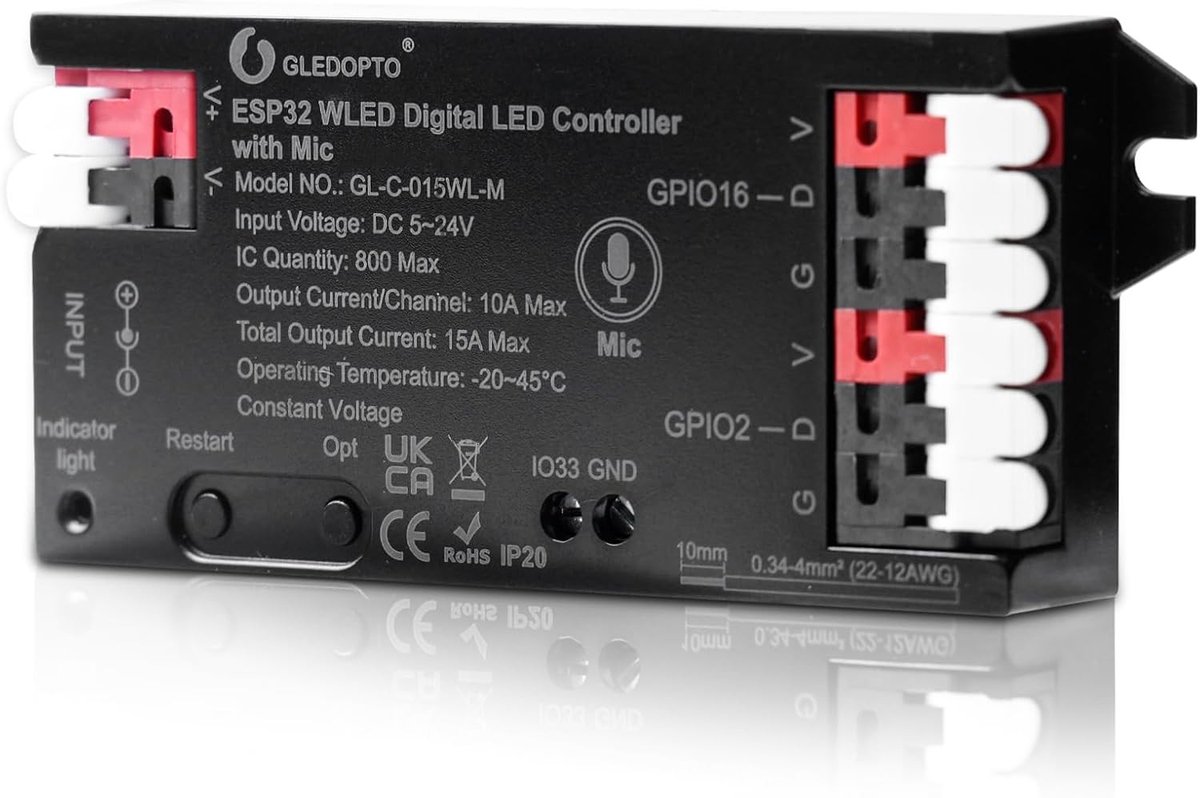 Digitale LED Strip Controller met Microfoon voor Adresserbare RGB Strips, Compatibel met WS2811, WS2812B en SK6812, Ideaal voor Creatieve Verlichting en Projecten