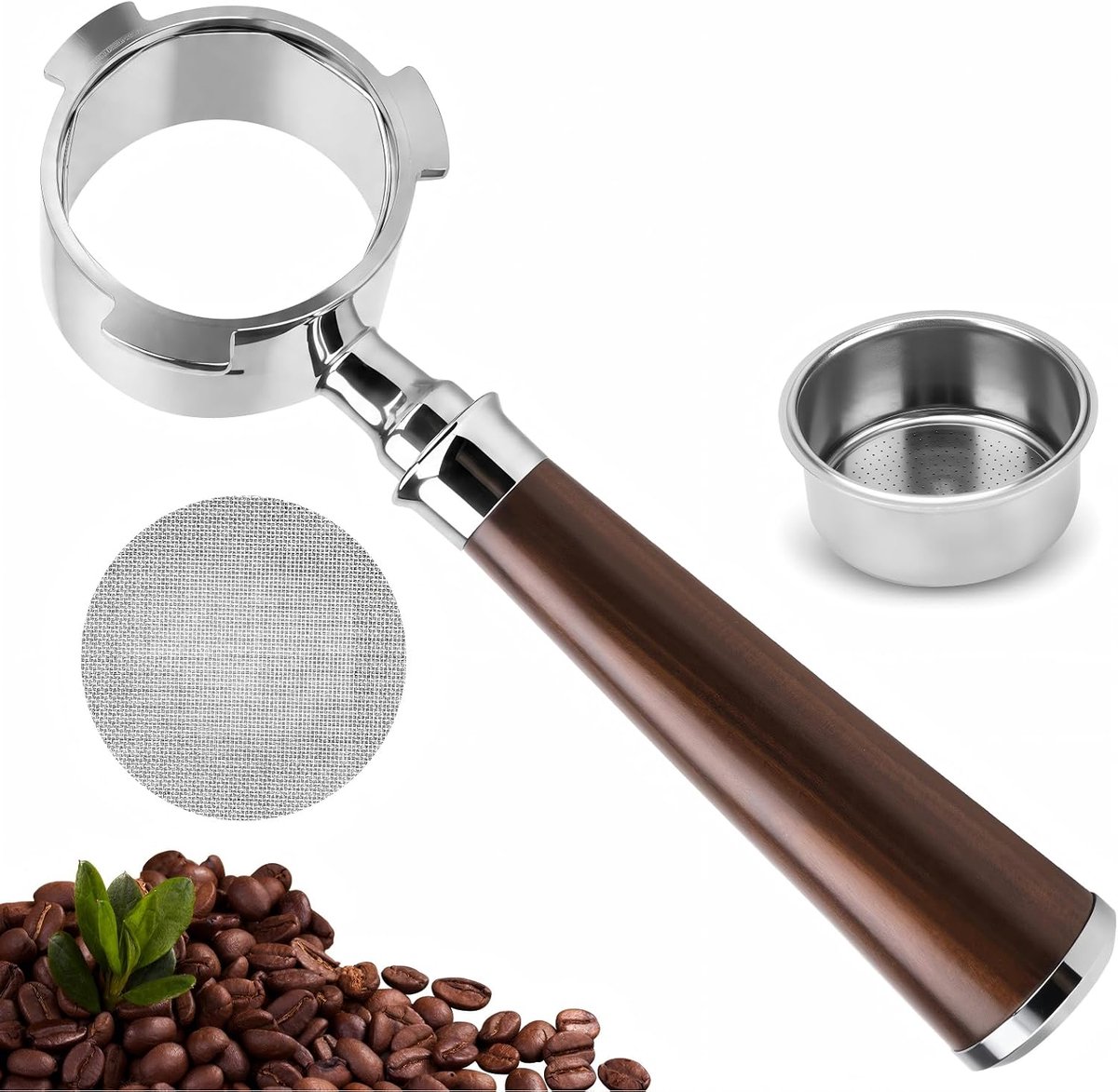 Zeefhouder 51 mm voor DeLonghi Dedica EC680 EC685 EC885 enz. inclusief espresso puck scherm, filtermand roestvrij staal splisgreep van zwart palissander en roestvrij staal 3 Ears (A)