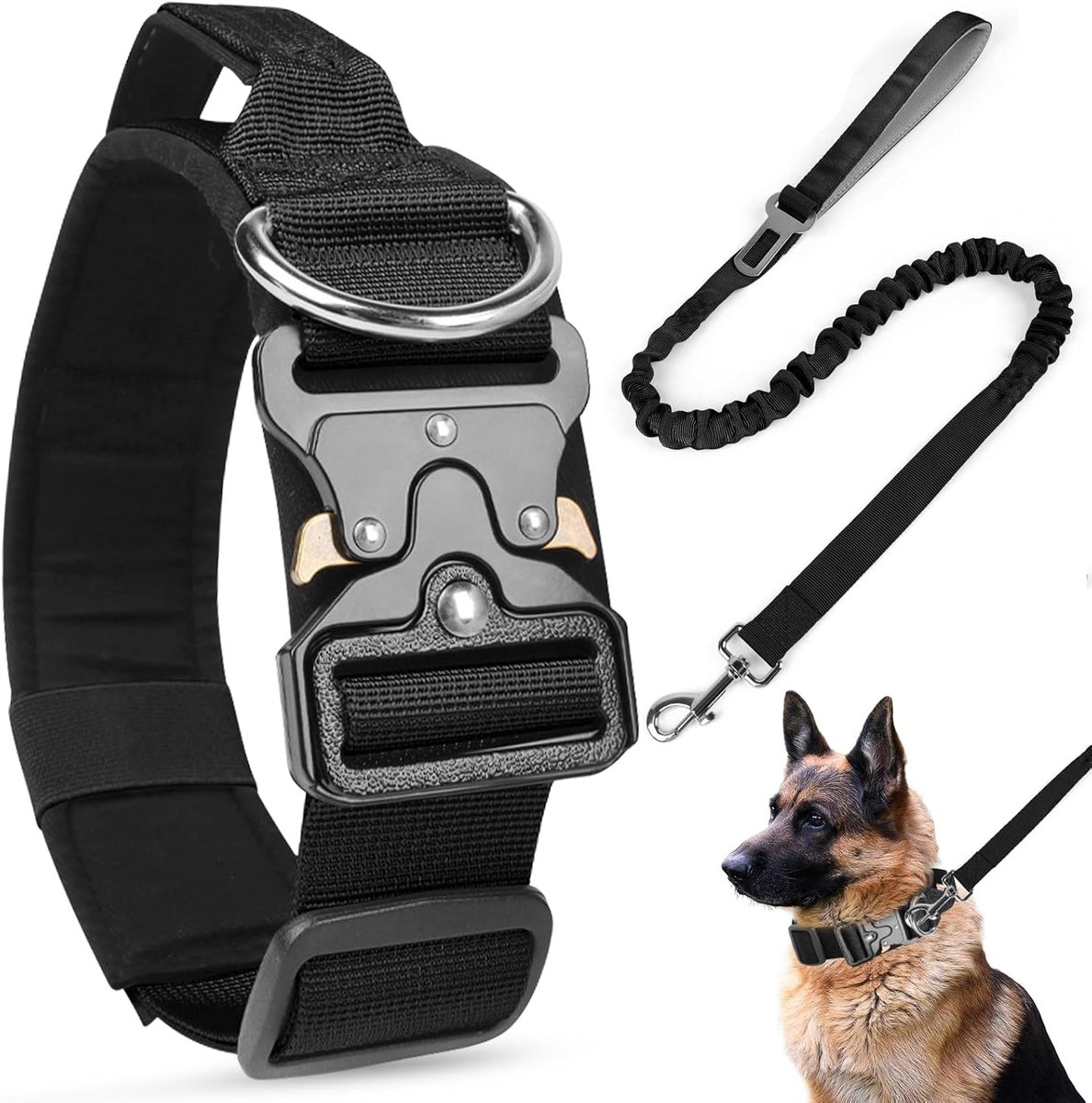 Halsband en riem voor honden met bedieningsgreep, gevoerde brede verstelbare nylon halsband voor middelgrote en grote honden, training (zwart + zwarte riem, L)