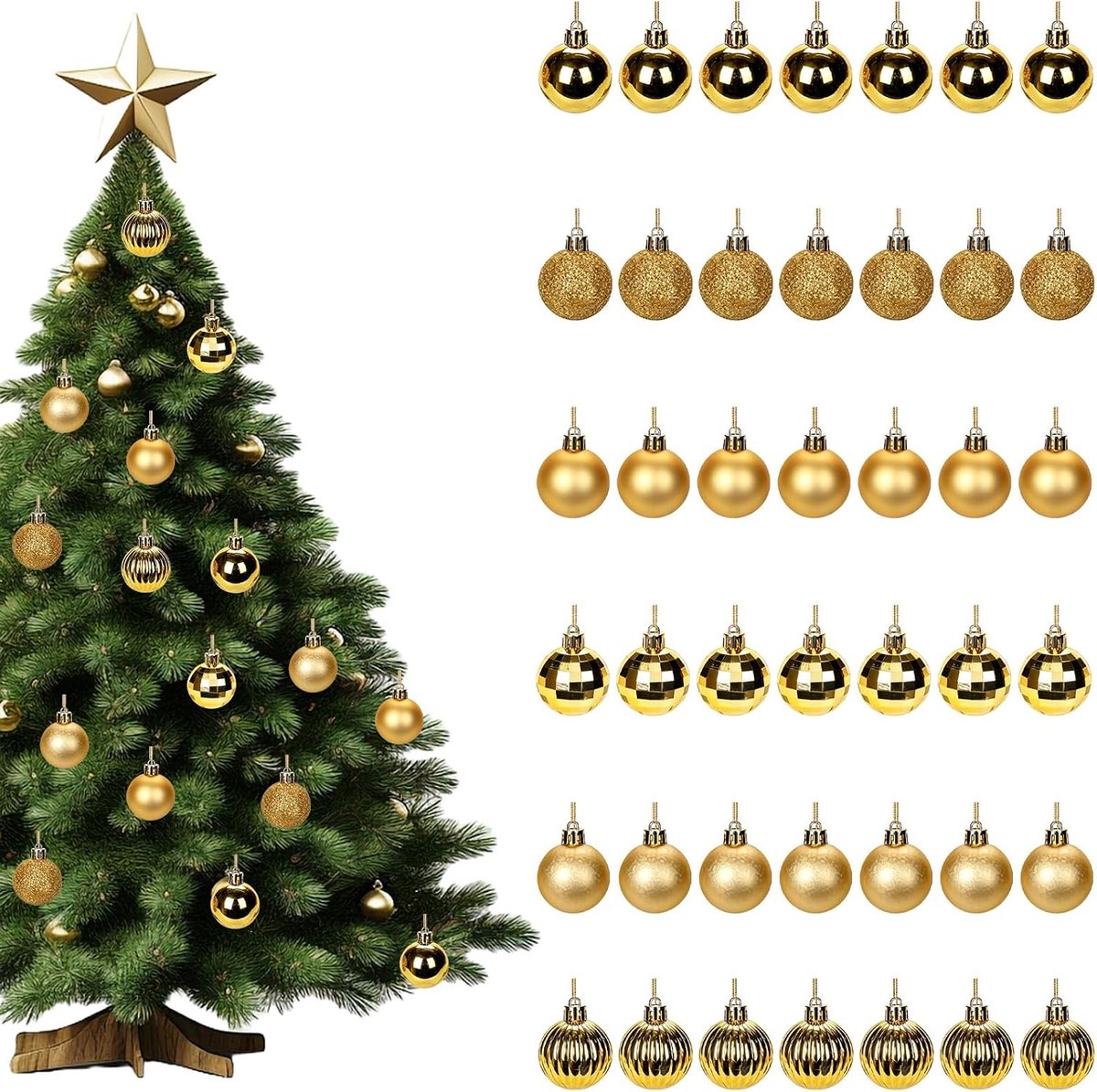 Kerstballenset, 42 stuks, 3 cm, goud, kerstboomversiering, kunststof